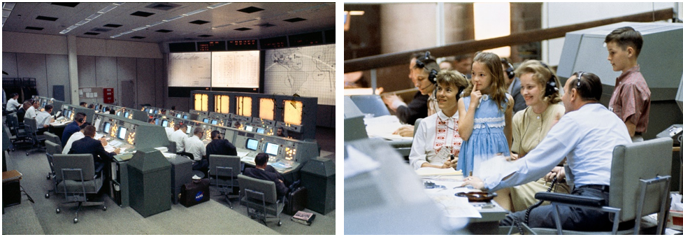 Left: The MOCR during the Gemini IV mission in June 1965, the first mission controlled from the Houston facility. Right: Families of the Gemini IV astronauts talk with them from the MOCR. Credits: NASA