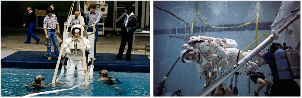 Left: STS-1 backup astronaut Richard H. Truly is lowered into the Weightless Environment Training Facility (WETF) in November 1980. Right: Astronaut Carl E. Walz practices space station assembly tasks in one of the last dives in the WETF in November 1996. Credits: NASA