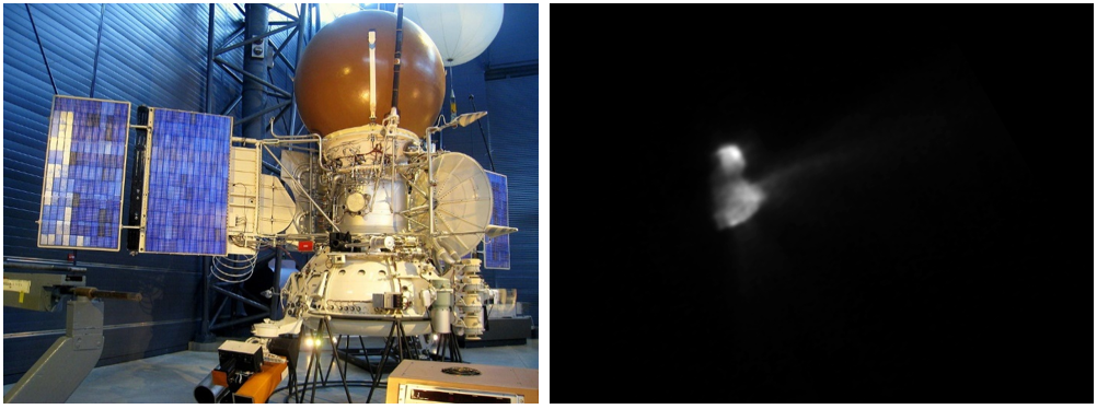 Left: Model of the Vega spacecraft on display at the Stephen F. Udvar-Hazy Center of the Smithsonian Institution’s National Air and Space Museum (NASM) in Chantilly, Virginia. Credits: NASM. Right: Image of Comet Halley taken by the Vega-2 spacecraft from 5,000 miles away. Credits: Russian Academy of Science