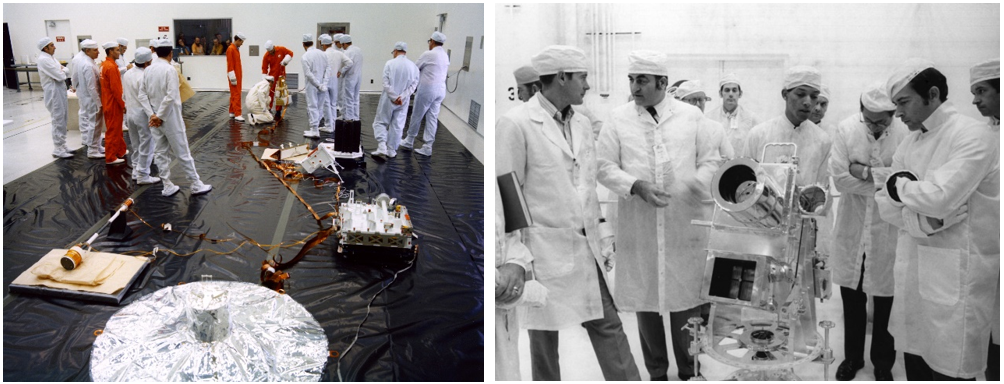 Left: Technicians observe as Apollo 16 astronauts practice deploying the instruments of the Apollo Lunar Surface Experiment Package. Right: In the MSOB at Kennedy, Apollo 16 astronauts Charles M. Duke, far left, and John W. Young, far right, listen as Principal Investigator George R. Carruthers, center, describes the far ultraviolet camera and spectrograph they will deploy as the first observatory on the lunar surface. Credits: NASA