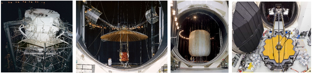 Left: The Skylab Apollo Telescope Mount prototype in Chamber A for thermo-vacuum testing in October 1971. Middle left: A test model of the Application Technology Satellite in Chamber A in September 1973. Middle right: A model of the Transhab inflatable module, a precursor to the Bigelow Expandable Activity Module currently linked to the International Space Station, in Chamber A in December 1998. Right: The James Webb Space Telescope emerges from Chamber A in December 2017 following seven months of thermo-vacuum testing. Credits: NASA