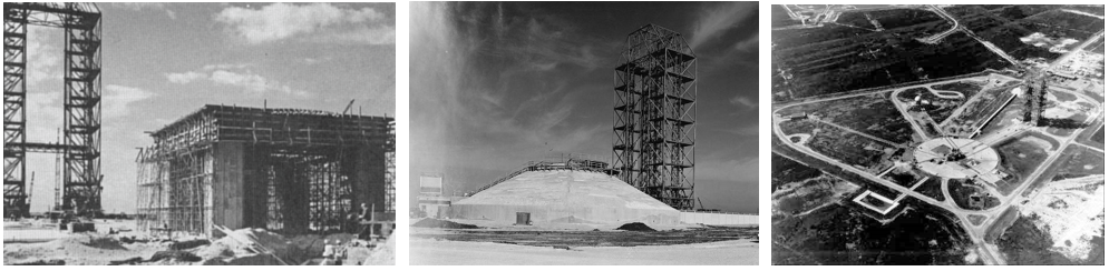 Left: Early construction of Launch Complex 34 at the Cape Canaveral Air Force Station in Florida, now the Cape Canaveral Space Force Station, in 1960. Middle: The blockhouse, foreground, and the service structure at Launch Complex 34. Right: Aerial view of Launch Complex 34 in 1961. Credits: NASA