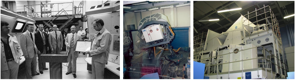 Left: Director of NASA’s Johnson Space Center in Houston Christopher C. Kraft, second from right, accepting the shuttle simulators in October 1976. Middle: The shuttle Motion Base Simulator in April 1980. Right: The shuttle Fixed Base Simulator. Credits: NASA