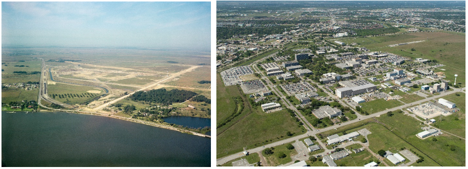 Left: The site on Clear Lake, southeast of Houston, being prepared for construction of the Manned Spacecraft Center, now NASA’s Johnson Space Center, in 1962. Right: Johnson as it appeared in 2019. Credits: NASA