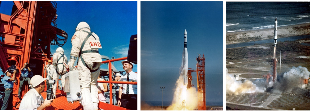 Left: Gemini XII astronauts James A. Lovell, left, and Edwin E. “Buzz” Aldrin, wearing signs marked “THE” and “END” to denote the final mission of the program, walk up the ramp to Launch Pad 19 at the Cape Kennedy Air Force Station in Florida, now the Cape Canaveral Space Force Station, to board their spacecraft. Middle: The launch of the Agena XII Target Vehicle. Right: The launch of Gemini XII as seen from a low-flying airplane. Credits: NASA