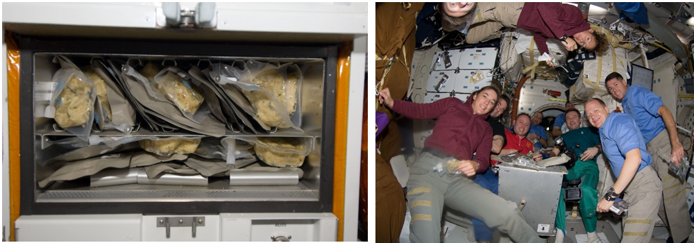 Thanksgiving 2008. Left: The Thanksgiving dinner reheating in Space Shuttle Endeavour’s food warmer. Right: The crews of Expedition 18 and STS-126 share a meal in the space shuttle middeck. Credits: NASA