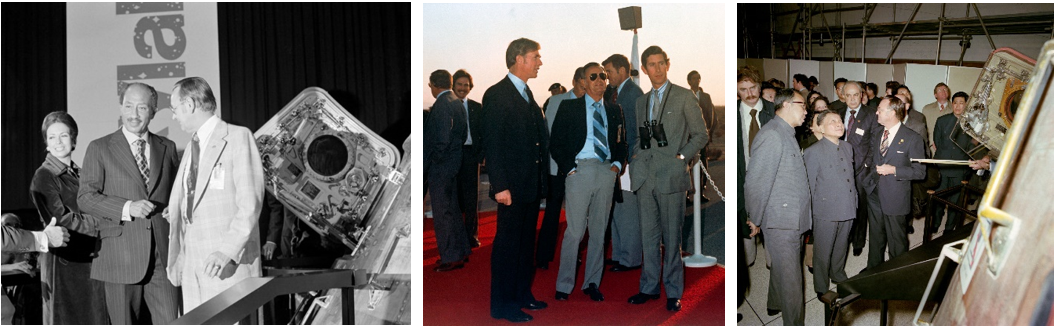 Left: Johnson Director Christopher C. Kraft, right, describes the Apollo 17 Command Module to Egyptian President Anwar el-Sadat and his wife Jehan during their visit to the center in October 1975. Middle: Kraft, center, with Prince Charles of the United Kingdom, right, and David R. Scott, director of the Dryden Flight Research Center, now NASA’s Armstrong Flight Research Center, at Dryden for Space Shuttle Enterprise’s fifth and final Approach and Landing Test in October 1977. Right: Kraft shows the Apollo 17 spacecraft to Vice Premier Deng Xiaoping of the People’s Republic of China during his visit to Johnson in February 1979. Credits: NASA