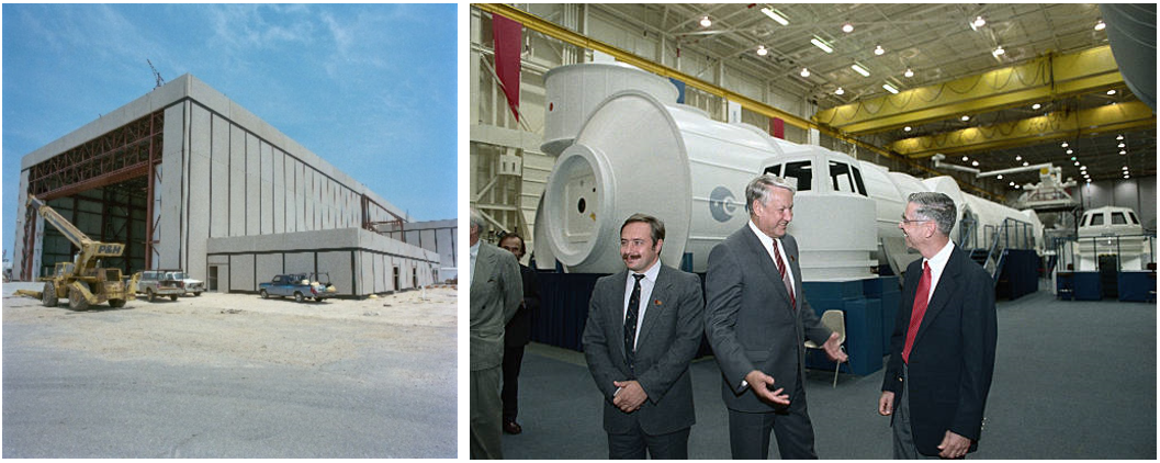 Left: Construction of Building 9B, the Space Station Mockup and Trainer Facility, nearing completion in April 1988. Right: In Building 9B, Cohen tours member of Russia’s Parliament and future President of the Russian Federation Boris N. Yeltsin through the mock-ups of space station Freedom modules in September 1989. Credits: NASA