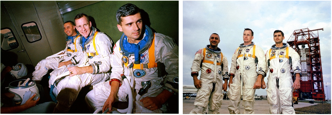 Left: Apollo 1 astronauts Virgil I. “Gus” Grissom, left, Edward H. White, and Roger B. Chaffee in the transfer van on their way to Launch Complex 34 for a media event. Right: Grissom, left, White, and Chaffee pose for the media with Launch Complex 34 in the background. Their rocket and spacecraft are hidden from view by the protective enclosures of the service structure. Credits: NASA
