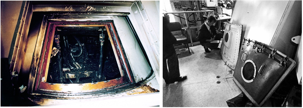 Left: View from the White Room of the charred remains of the Apollo 1 Command Module. Right: After the fire, outside the White Room, a journalist examines two of the spacecraft’s hatches — the boost protective cover hatch at left and the internal spacecraft hatch (positioned upside down). Credits: NASA