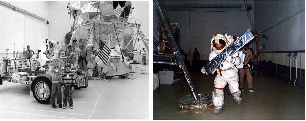 Left: Apollo 16 astronauts Charles M. Duke, left, and John W. Young train for a lunar surface spacewalk as Duke’s sons Charles, left, and Tom pose in front of the Lunar Roving Vehicle. Right: Young trains with the Cosmic Ray Detector, one of the seven experiments deployed on the lunar surface during Apollo 16. Credits: NASA