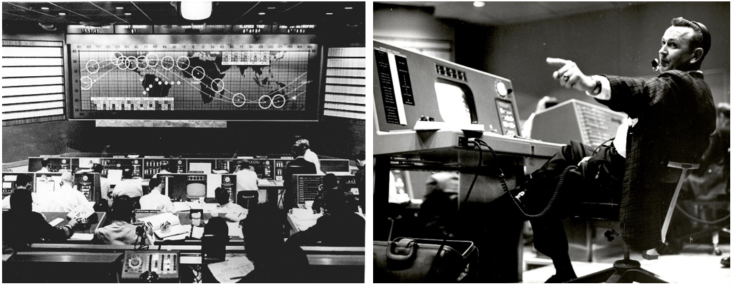 Left: The Mercury Control Center during the flight of Friendship 7. Right: Flight Director Christopher C. Kraft in the Mercury Control Center. Credits: NASA