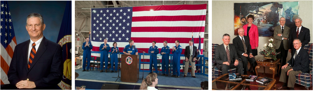 Left: Official portrait of Jefferson D. “Beak” Howell, the ninth director of NASA’s Johnson Space Center in Houston. Middle: In April 2002, Howell, far right, at the welcome home celebration at Ellington Field for the STS-110 crew, including future Johnson Director Ellen L. Ochoa, third from left. Right: A reunion of Johnson directors in August 2002. From left is Howell, Gerald D. Griffin, Carolyn L. Huntoon, Aaron Cohen, Roy S. Estess, and Christopher C. Kraft. Credits: NASA