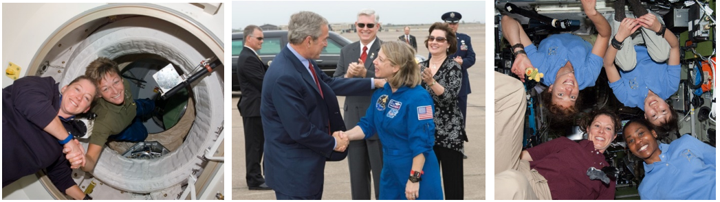 Left: In October 2007, STS-120 Commander Pamela A. Melroy, left, shakes hands with Expedition 16 Commander Peggy A. Whitson, marking the first time women commanded both the space shuttle and space station. Middle: Director of NASA’s Johnson Space Center Michael L. Coats, center, watches as President George W. Bush greets Melroy at Ellington Field after her return. Right: In April 2010, the first and so far only time that the space station hosted four women at one time. Credits: NASA