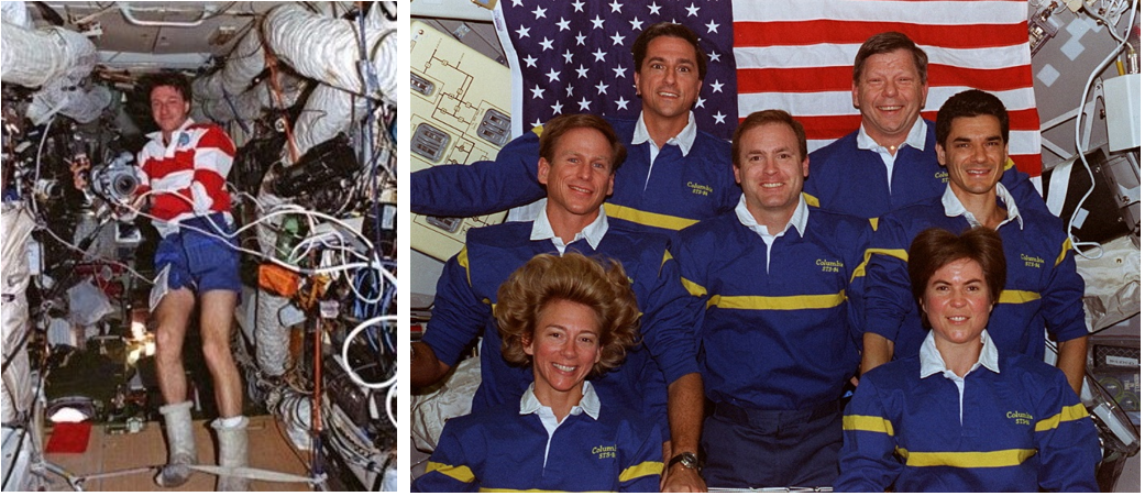 July 4, 1997. Left: C. Michael Foale aboard the Russian space station Mir. Right: The STS-94 crew aboard Columbia. Credits: NASA