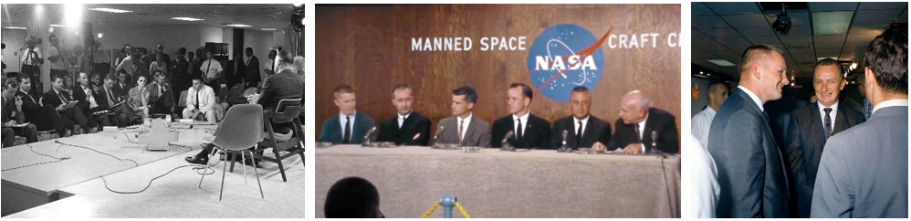 Left: The Gemini V crew of L. Gordon Cooper and Charles “Pete” Conrad, seated at right facing away from the camera, answer reporters’ questions during their July 1965 preflight press conference in the Building 6 auditorium. Middle: Robert R. Gilruth, director of the Manned Spacecraft Center, right, introduces the Apollo 1 prime and backup crews during a March 1966 press conference in Building 6. Right: Gemini XI backup command pilot Neil A. Armstrong chats with NBC News reporter Roy Neal following the August 1966 preflight press conference in Building 6. Credits: NASA