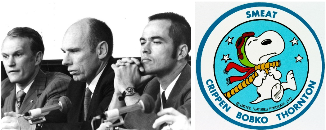 Left: Astronauts Karol J. “Bo” Bobko, left, Dr. William E. Thornton, and Robert L. Crippen of the Skylab Medical Experiment Altitude Test (SMEAT) during the pretest press conference. Right: The SMEAT crew patch. Credits: NASA