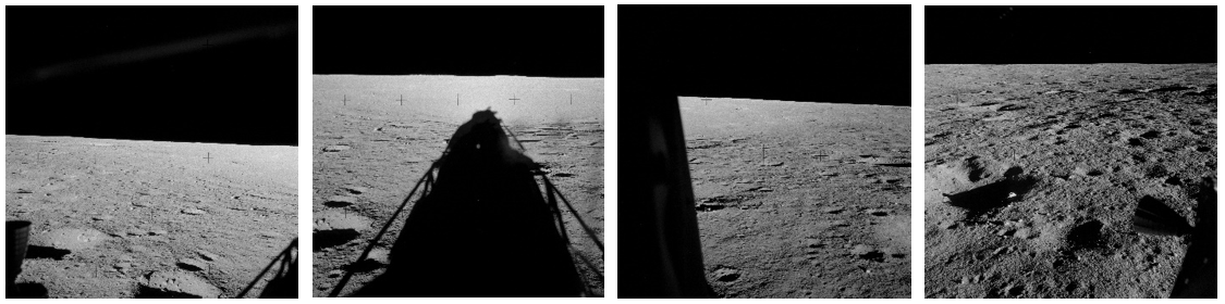 Four views of the Apollo 12 landing site taken shortly after landing through the LM’s windows—the first two through Conrad’s and the last two through Bean’s.