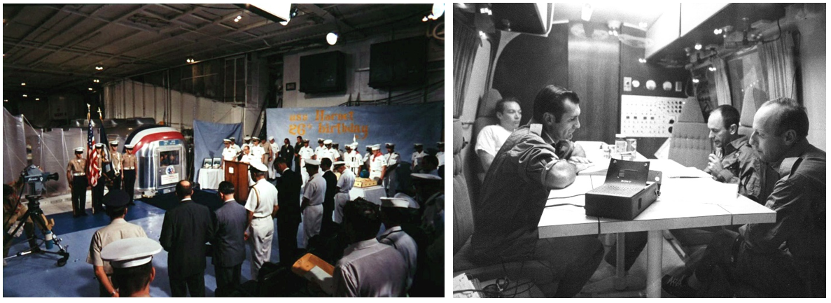 Left: Welcome reception for Apollo 12 crew aboard Hornet. Right: Apollo 12 crew of (left to right) Richard Gordon, Alan Bean and Pete Conrad with Flight Surgeon Dr. Clarence Jernigan (far left) inside the MQF during Hornet’s cruise to Pearl Harbor.