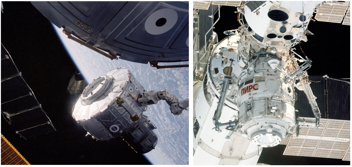 Airlocks for all: The addition of the U.S. Quest airlock and Russian Pirs airlock and docking compartment in 2001. Image Credits: NASA