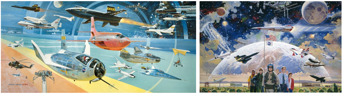 Left: McCall’s artwork at NASA’s Armstrong Flight Research Center, The Spirit of Flight Research. Right: Accepting the Challenge of Flight. Image Credits: mccallstudios.com