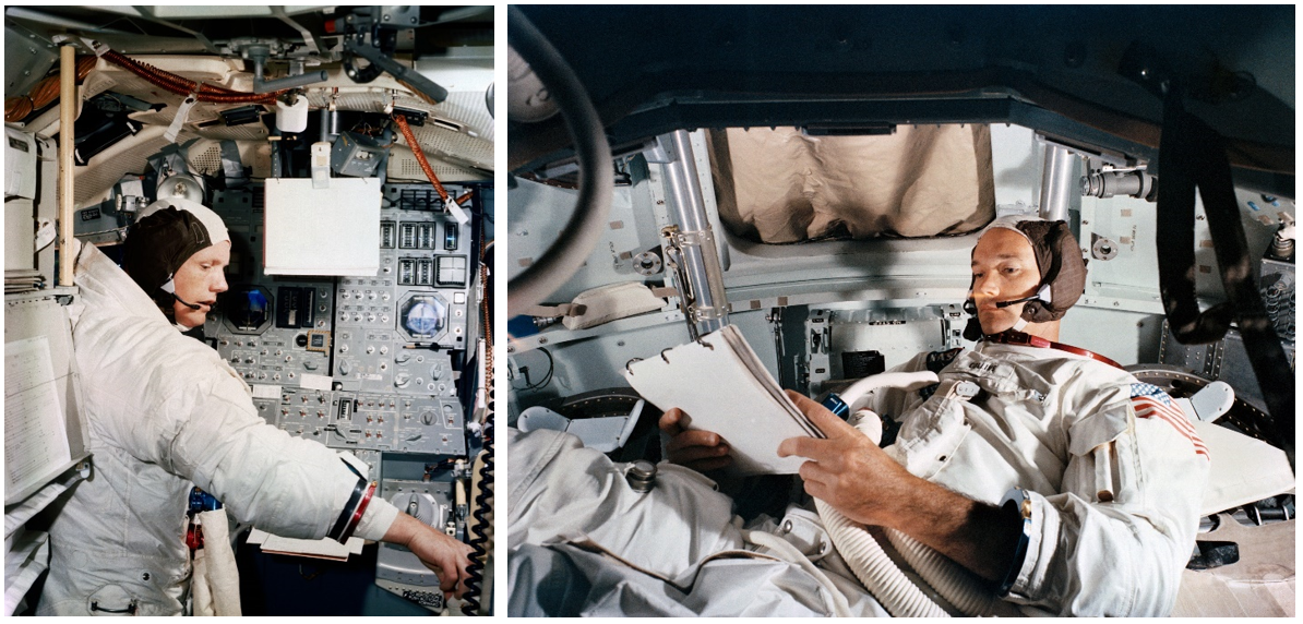 Left: Armstrong in the LM simulator at Kennedy on June 19. Right: Collins in the CM simulator at Kennedy on June 19. Image Credits: NASA