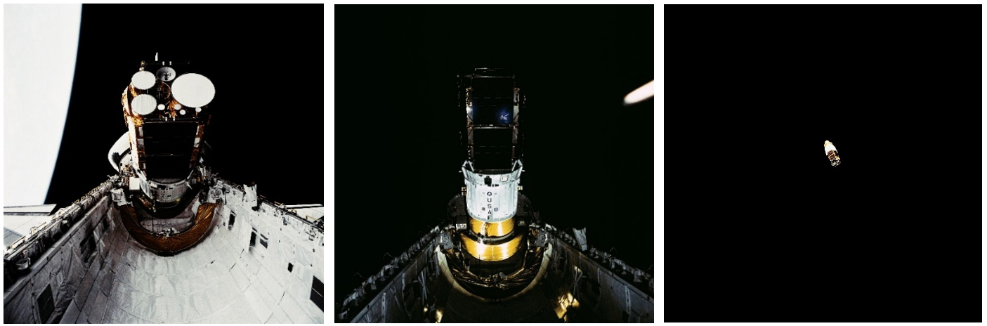  Three views of the deployment from Atlantis’ payload bay of the two satellites atop the Inertial Upper Stage. Credits: NASA