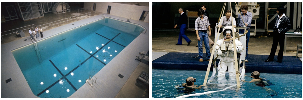 Left: The Weightless Environment Training Facility (WETF) at Johnson in Houston, shortly before becoming operational. Right: Engineers lower STS-1 backup Truly into the WETF for a spacewalk training session. Credits: NASA