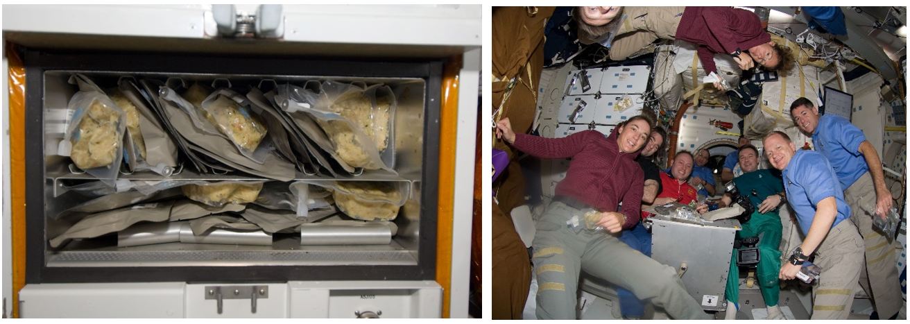 Thanksgiving 2008. Left: The Thanksgiving dinner reheating in space shuttle Endeavour’s food warmer.  Right: The crews of Expedition 18 and STS-126 share a meal in the space shuttle middeck. Credits: NASA