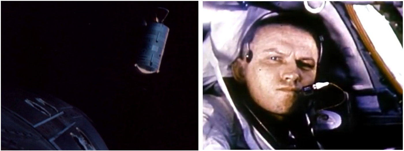 Left: Gemini VII view of the Titan second stage during station-keeping. Right: NASA astronaut Borman aboard Gemini VII, photographed by Lovell. Credits: NASA