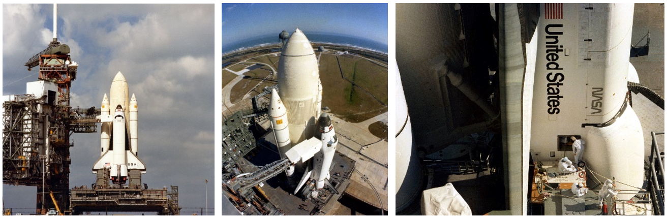 Left: Space shuttle Columbia arrives at Launch Pad 39A. Middle: Columbia nearly in position at Launch Pad 39A. Columbia in place on Launch Pad 39A. Credits: NASA