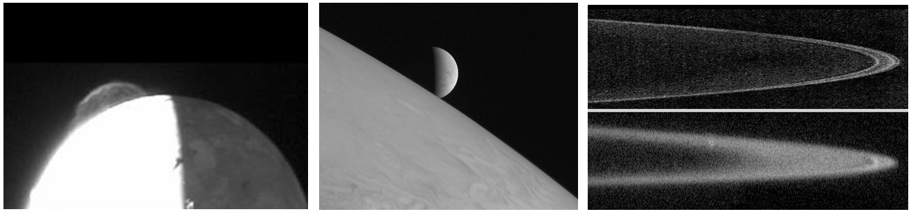 Left: New Horizons image of the plume from Tvashtar, a volcano erupting on the Jovian moon Io, taken from 1.5 million miles away. Middle: New Horizons captured Jupiter’s moon Europa rising above its home planet. Right: Two views of Jupiter’s faint rings taken during New Horizons’ approach to, top, and departure from the giant planet. Credits: NASA/Johns Hopkins University Applied Physics Laboratory/Southwest Research Institute