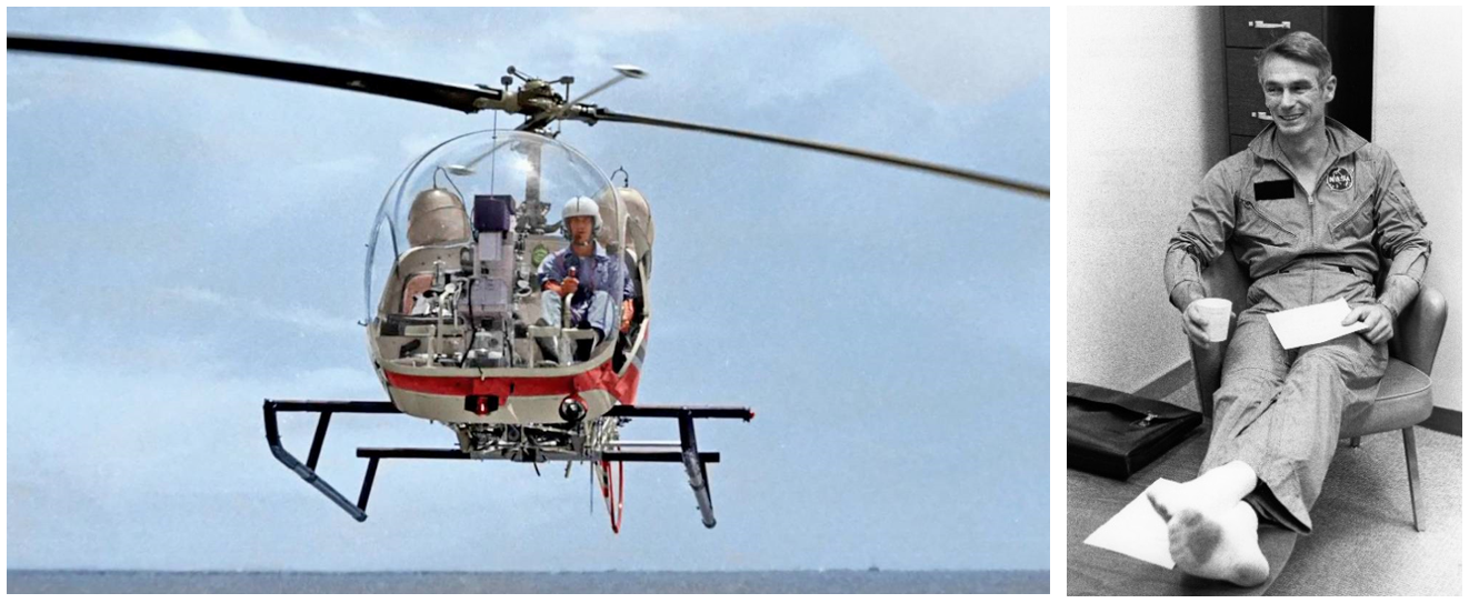 Left: Apollo 14 backup commander Eugene A. Cernan flys a Bell 47G helicopter, similar to the one in which he crashed on Jan. 23, 1971. Right: Cernan relaxes after his helicopter crash, during which he suffered only minor injuries. Credits: NASA