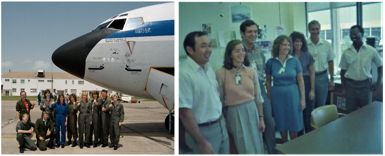 Left: The 10 Teacher in Space finalists pose in front of NASA’s KC-135 zero-gravity aircraft at Ellington Field in Houston in July 1985. Right: The Teacher in Space winners meet the STS-51L crew, from left: Onizuka, Barbara Morgan, Scobee, McAuliffe, Resnik, Smith, and McNair. Credits: NASA