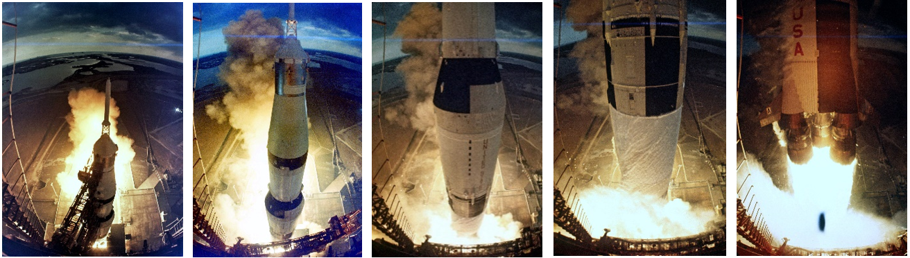 Sequential views of the liftoff of Apollo 14 taken by a camera on the launch umbilical tower. Credits: NASA