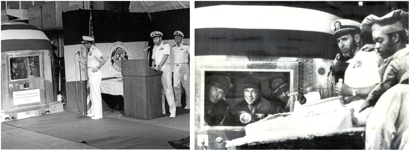 Left: Aboard the U.S.S. New Orleans, commander of the recovery task force, Rear Adm. Thomas B. Hayward, center, welcomes Apollo 14 astronauts Stuart A. Roosa, left, Alan B. Shepard, and Edgar D. Mitchell back to Earth, as Capt. Robert E. Moore, commander of the New Orleans, looks on from the podium. Right: Capt. Moore presents a cake to Roosa, left, Shepard, and Mitchell in the MQF. Credits: NASA