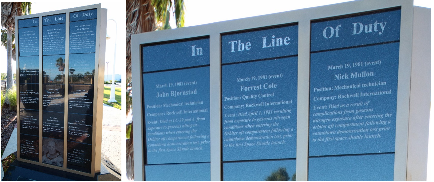 Left: The memorial at the Space Walk of Fame Museum in Titusville, Florida, dedicated to space workers at Kennedy who died in the line of duty. Right: Close-up showing the names of John Bjornstad, Forrest Cole, and Nicholas Mullon, who died as a result of the accident at Launch Pad 39A on March 19, 1981. Credits: NASA
