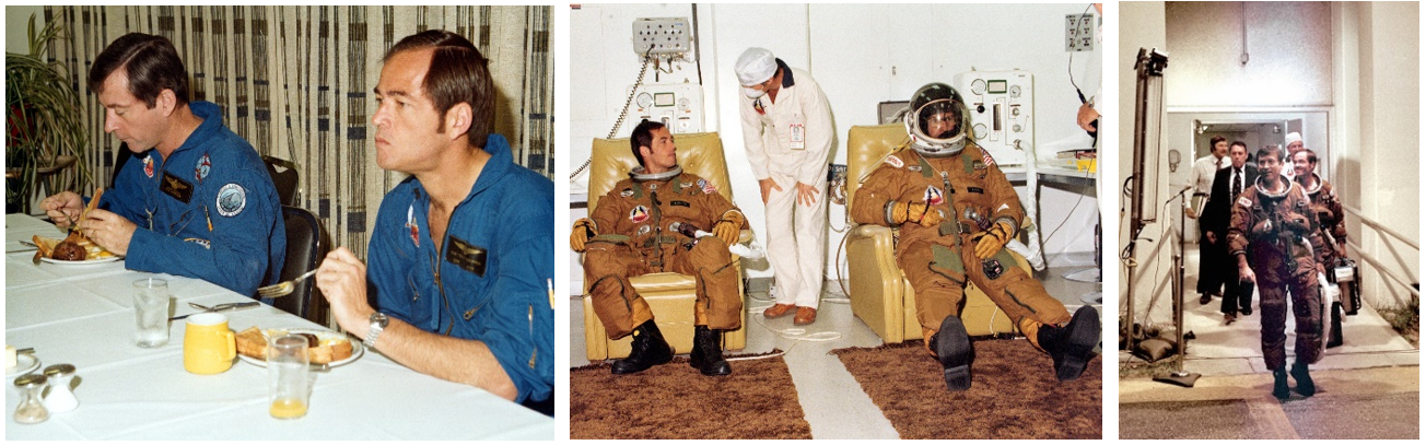 Left: STS-1 astronauts John W. Young, left, and Robert L. Crippen enjoy the traditional prelaunch breakfast on the morning of April 10, 1981, the first launch attempt. Middle: Crippen, left, and Young don their pressure suits prior to the first launch attempt. Right: Young, front, and Crippen leave the Operations and Checkout Building for the ride to the launch pad for the first launch attempt. Credits: NASA