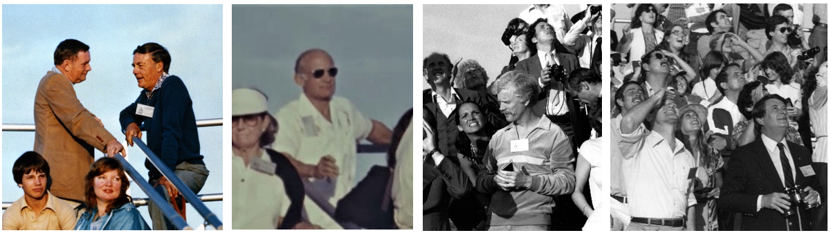 In the viewing stands at Kennedy in Florida to experience the STS-1 launch. Left: Apollo 11 astronaut Neil A. Armstrong, left, chatting with former Kennedy Director Lee R. Scherer. Middle left: Apollo 11 astronaut Edwin E. “Buzz” Aldrin. Middle right: Apollo 9 astronaut Russell L. “Rusty” Schweickart. Right: Congressmen C. William “Bill” Nelson, left, whose district included Kennedy (and currently the NASA administrator nominee), and J. Donald “Don” Fuqua, chairman of the House Science and Technology Committee. Credits: NASA