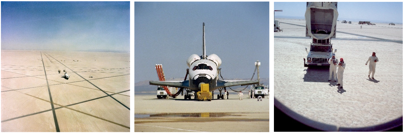 Left: Ground personnel approach Columbia shortly after touchdown to begin safing the vehicle. Middle: Ground personnel begin to safe Columbia. Right: Taken from inside Columbia, the mobile White Room prepares to drive up to the vehicle to begin the process of crew egress. Credits: NASA