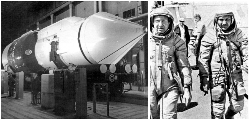 Left: The second Salyut space station, shown with its launch shroud attached in the assembly building at the Baikonur Cosmodrome in Kazakhstan, was lost in a launch failure. Right: Aleksei A. Leonov, left, and Valeri N. Kubasov, the first crew assigned to the second Salyut space station, wearing the new Sokol launch-and-entry suits. Credits: Images courtesy of RKK Energia.