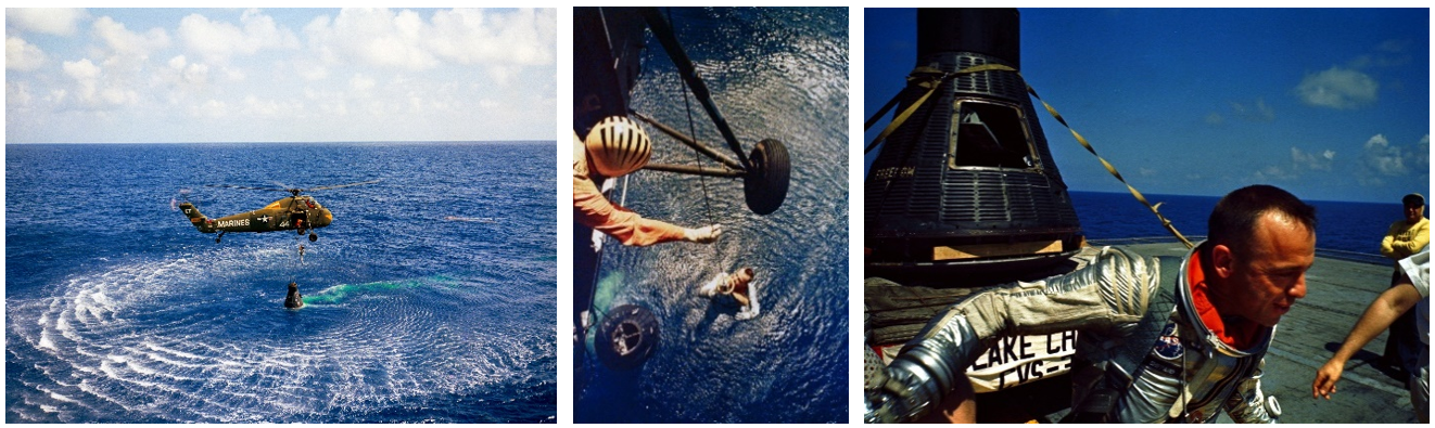 Left: Helicopter from the U.S.S. Lake Champlain hoists Alan B. Shepard from his spacecraft following splashdown. Middle: View of Shepard’s recovery from the helicopter. Right: Shepard aboard the Lake Champlain, with his Freedom 7 capsule behind him. Credits: NASA