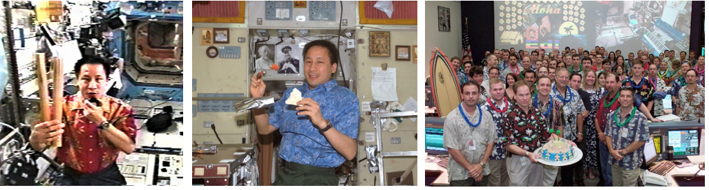 Left: NASA astronaut Edward T. Lu, wearing an Aloha shirt, demonstrating the Hawaiian pu’ili musical instruments for an educational activity. Middle: Lu, wearing an Aloha shirt, eating a snack. Right: Personnel in the Mission Control Center at NASA’s Johnson Space Center wearing Aloha shirts to celebrate Lu’s birthday. Credits: NASA