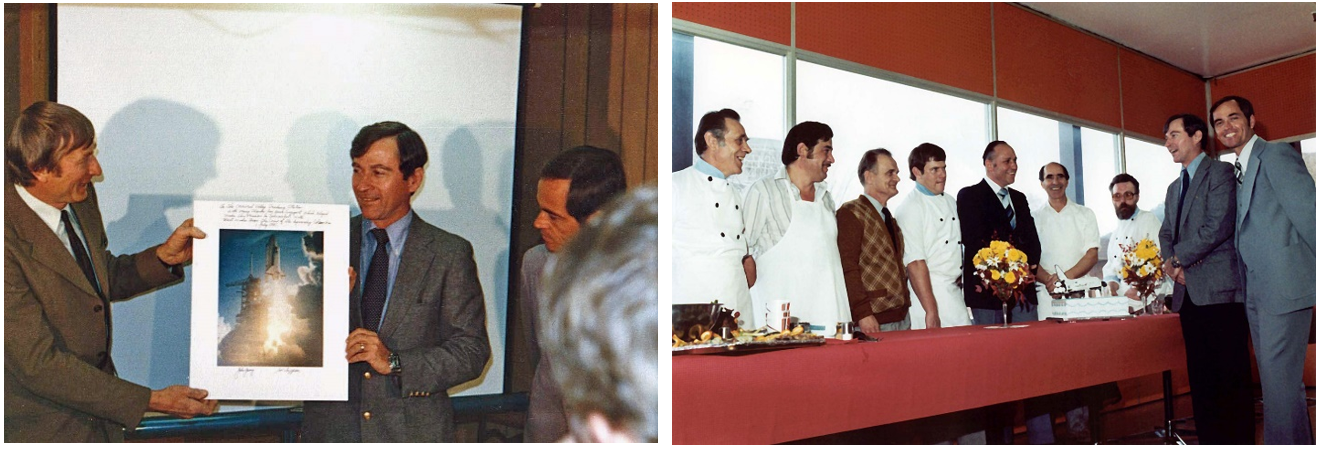 Left: During their visit to the Orroral Valley Tracking Station in Australia, STS-1 astronauts John W. Young, center, and Robert L. Crippen present a signed photograph of their launch to the facility’s director, Lewis Wainright. Right: Young and Crippen, right, during the welcome lunch. (Note the special cake with a space shuttle on top.) Credits: Images courtesy of honeysucklecreek.net.