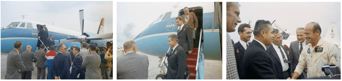 Left: A crowd of well-wishers greet Soyuz 9 cosmonauts Nikolayev and Sevastyanov upon their arrival at Ellington Air Force Base (AFB) in Houston. Middle: Nikolayev, left, and Sevastyanov deplane at Ellington AFB. Right: Astronauts and cosmonauts meet at Ellington AFB: Donald K. “Deke” Slayton, left, Sevastyanov, Nikolayev, an interpreter, Edwin E. “Buzz” Aldrin, and Charles “Pete” Conrad. Credits: NASA