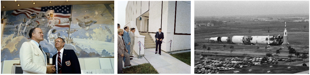 Left: In June 1979, director of NASA’s Johnson Space Center Christopher C. Kraft, right, with space artist Robert T. McCall, who painted a mural outside the main auditorium in Building 2. Middle: Kraft cuts the ribbon at the dedication of the Building 31 annex lunar sample curatorial facility in July 1979. Right: Rocket Park in December 1979 as seen from Building 1. Credits: NASA
