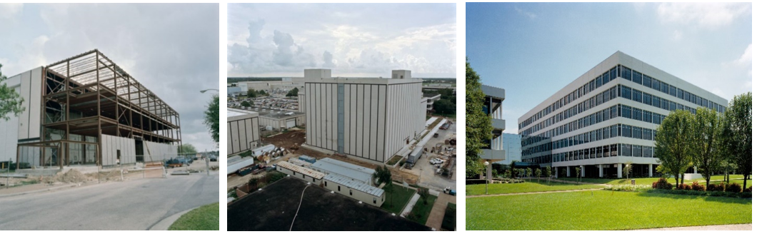 Left: The Space Station Training Facility addition to Building 5 under construction November 1990. Middle: The Space Station Control Center addition to Building 30 nearly complete in August 1991. Right: Building 4 South shortly after completion in September 1993. Credits: NASA