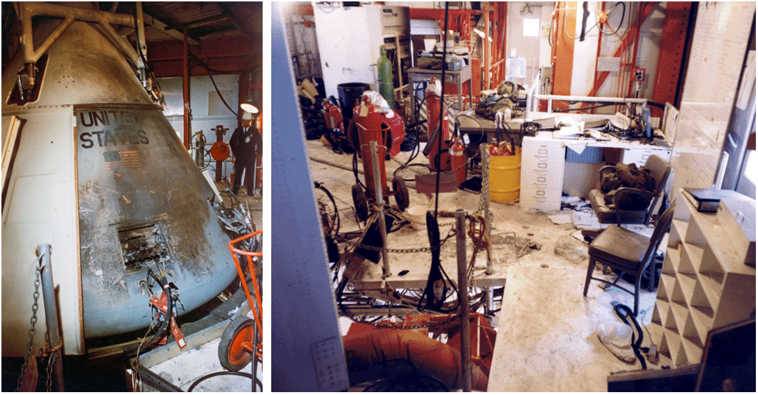 Left: On level A8 of the service structure, an external view of the Apollo 1 Command Module, showing the soot deposited from the fire. Right: A view of level A8 of the service structure showing fire damage. Credits: NASA