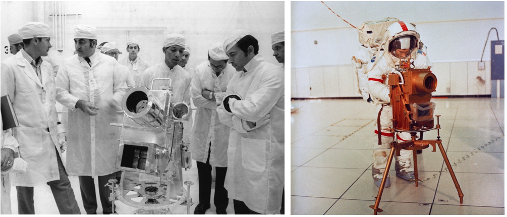 Left: Principal investigator George R. Carruthers of the Naval Research Laboratory, center, describes his Far Ultraviolet Camera/Spectrograph to Apollo 16 astronaut John W. Young, right, as fellow crew member Charles M. Duke, left, talks with Apollo Program Director Rocco A. Petrone. Right: Young practices deploying the camera using a training model. Credits: NASA