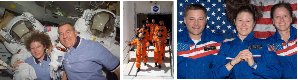 Left: July 4, 2001. Expedition 2 crew members NASA astronauts Susan J. Helms, left, and James S. Voss. Middle: July 4, 2006. The crew of STS-121 wave American (and one German) flags as they depart crew quarters for their Fourth of July launch. Right: July 4, 2010. NASA astronauts Douglas H. Wheelock, Tracy Caldwell Dyson, and Shannon Walker of Expedition 24. Credits: NASA